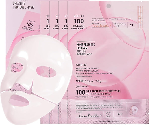Mascarilla de hidrogel de 2 pasos Collagen Reedle Shot 100 de VT Cosmetics: reafirmante intensivo, colágeno exosomal, líneas de expresión y efecto fundente durante la noche (1 mascarilla)