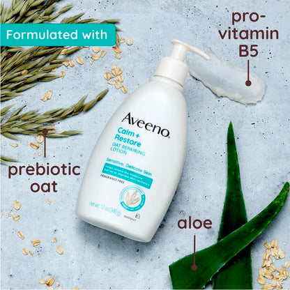 Aveeno Calm + Restore Oat Repairing Body Lotion para piel sensible: humectante diario con avena prebiótica, aloe y provitamina B5. Loción corporal sin fragancia que ayuda a sanar la piel seca.