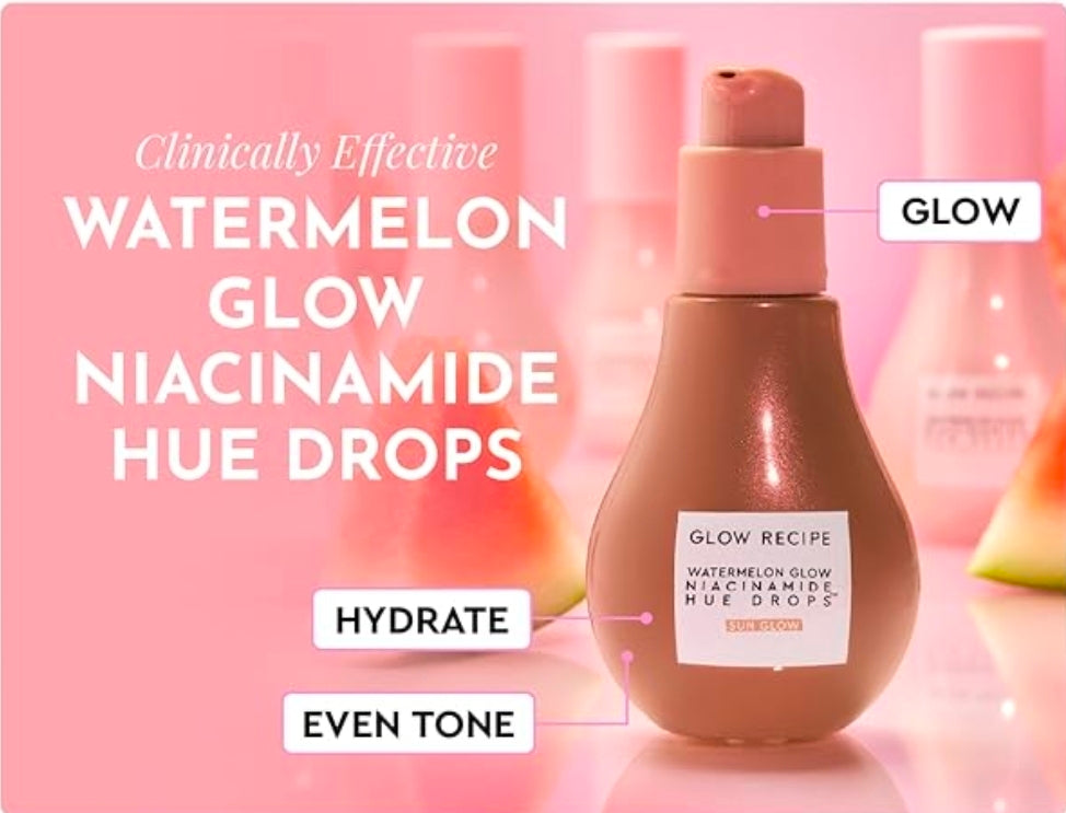 Glow Recipe Watermelon Glow Niacinamide Hue Drops Serum Sun Glow - Bronzing Drops to Brighten & Hydrate - Makeup Primer & Liquid Highlighter to Blur Pores for a Radiant, Even Skin Tone