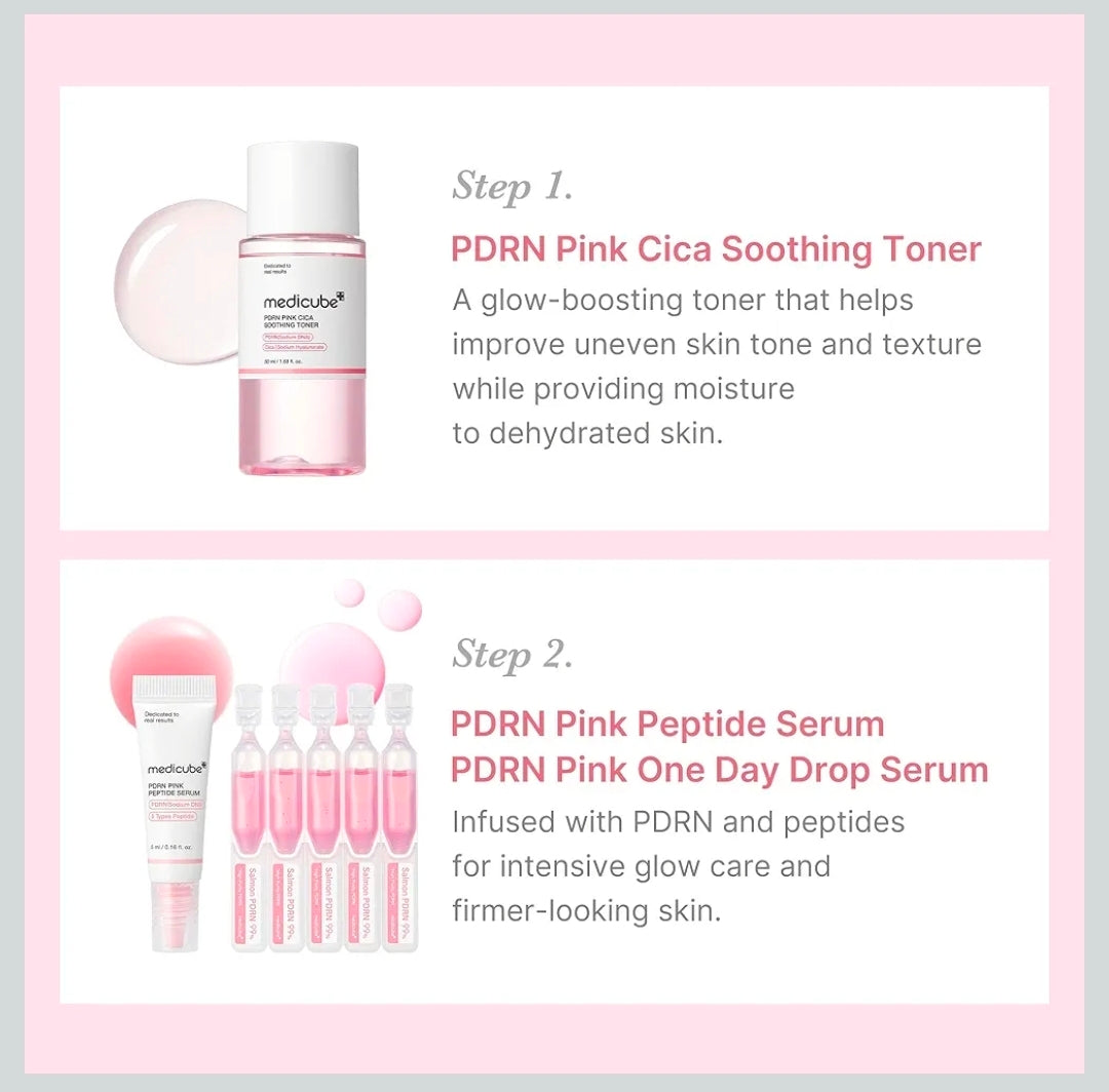 Kit de prueba Salmon DNA PDRN de medicube - Mini set de cuidado de la piel Glass Glow con tónico, suero y mascarilla hidratante, reafirmante y humectante.