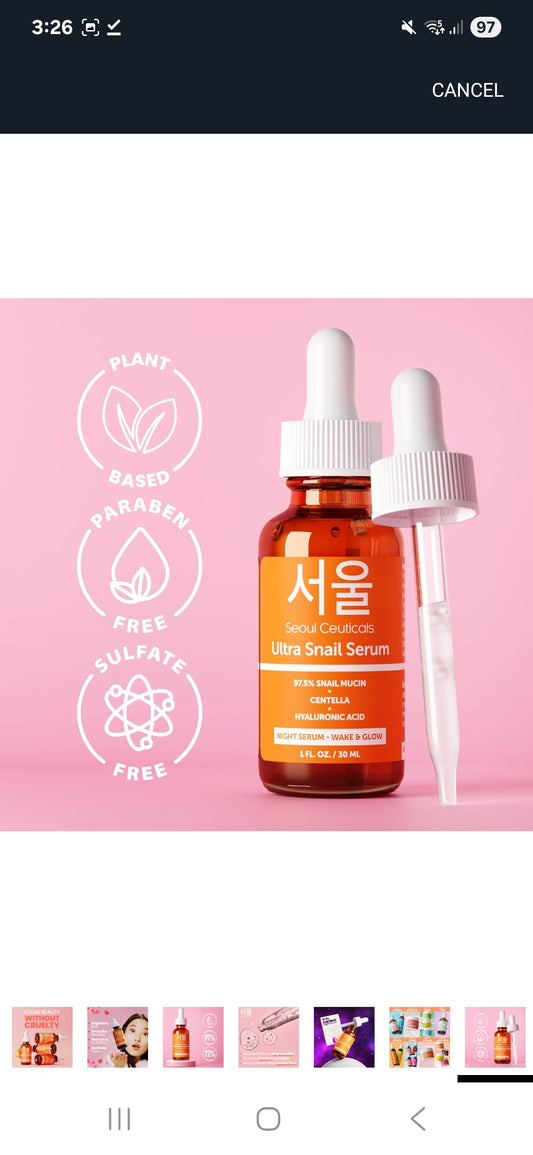 Suero de caracol ultra de Seoul Ceuticals: suero de noche que suaviza las líneas finas e ilumina la piel.