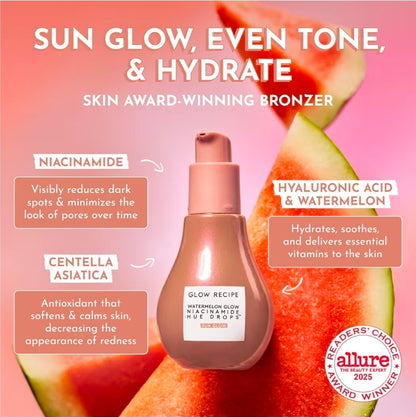 Glow Recipe Watermelon Glow Niacinamide Hue Drops Serum Sun Glow - Bronzing Drops to Brighten & Hydrate - Makeup Primer & Liquid Highlighter to Blur Pores for a Radiant, Even Skin Tone