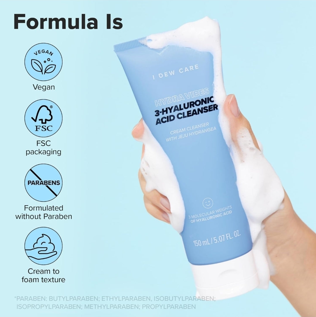I DEW CARE Cuidado de la Piel - Hydra Vibes - Set de 3 piezas + 1 Diadema de Gato Gratis - Limpiador, suero y humectante con ácido hialurónico de diferente peso molecular