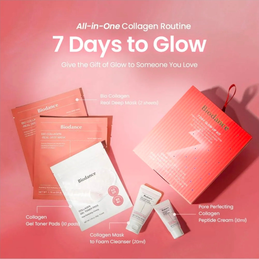 BIODANCE 7 Day Glow Up Set - Collagen Set for Glass-Skin, Korean Skin Care with Cleanser, Toner Pads, Moisturizer, Gel Masks, All-in-One Skin Care Set
