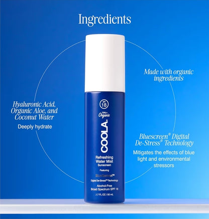 COOLA Refreshing Water Mist Face Moisturizer and With SPF 18 - Face Sunscreen With Plant-Derived BlueScreen Digital De-Stress Technology