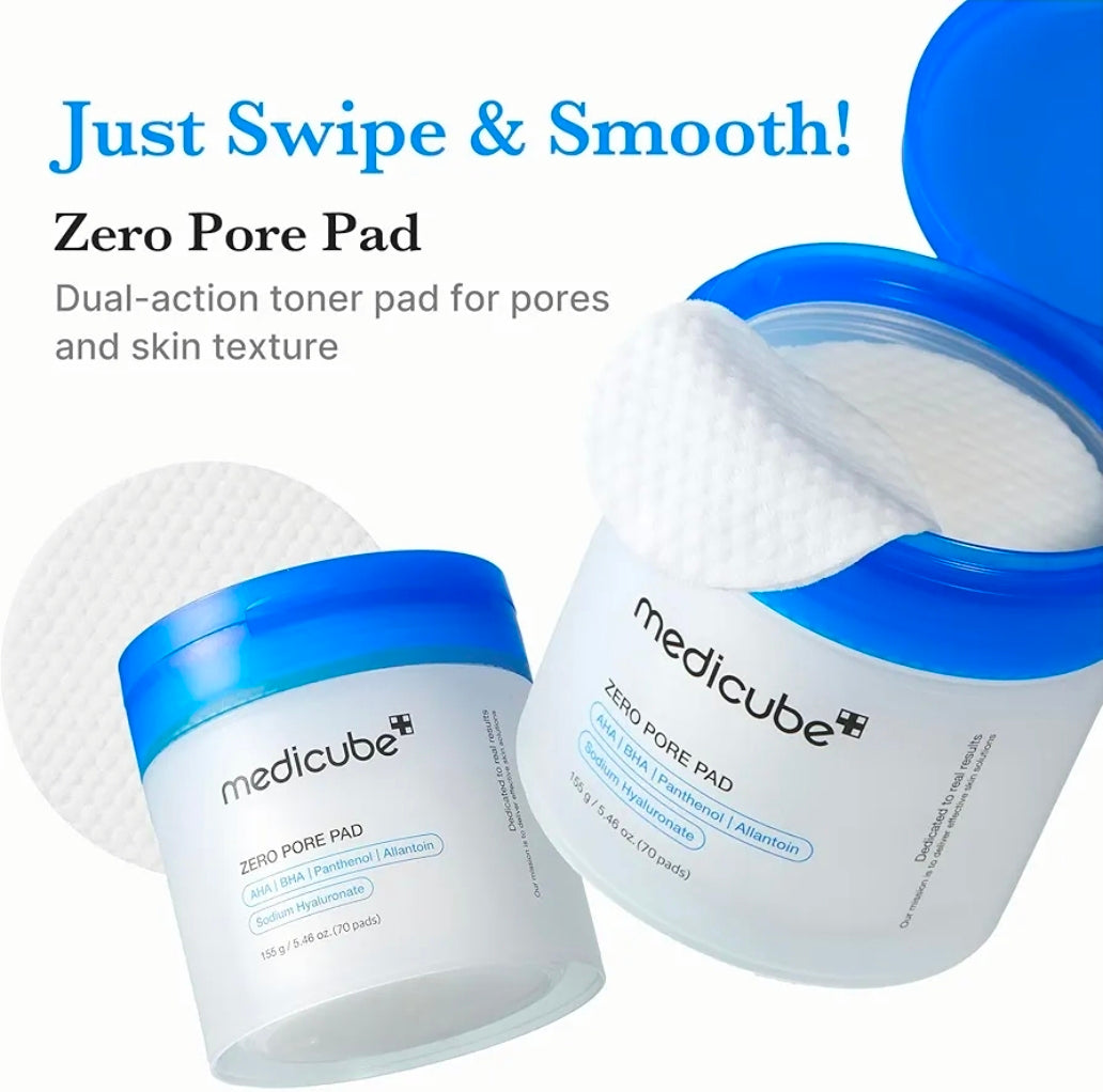 Almohadillas tónicas medicube Zero Pore Pad 2.0: almohadilla facial de doble textura para exfoliación y cuidado de los poros con 4,5 % de ácido láctico AHA y 0,45 % de ácido salicílico BHA.