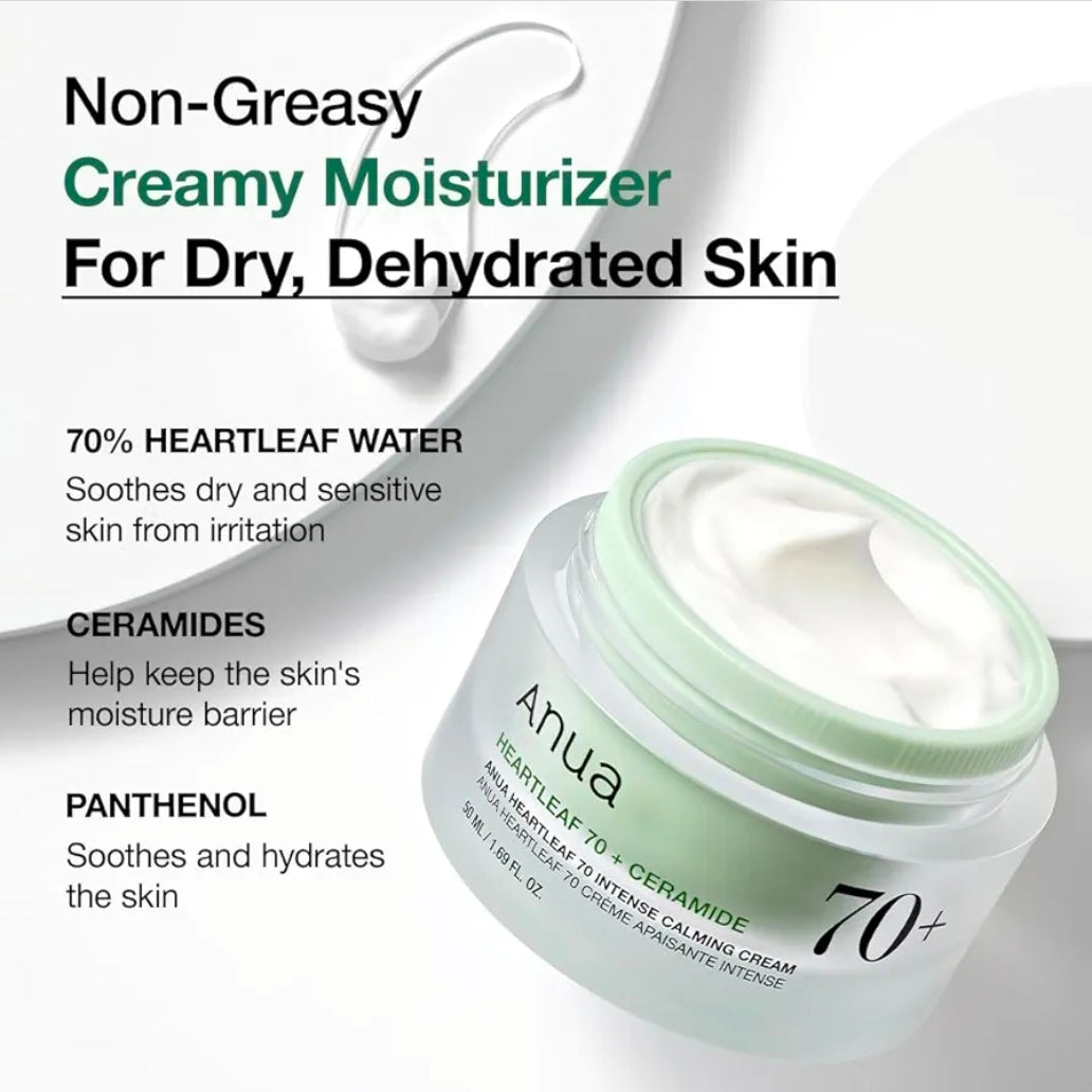 Anua Heartleaf 70 + Ceramides  Intense Calming Cream - Contains Ceramides and Panthenol, effective ingredients to repair and hydrates damaged skin barrier