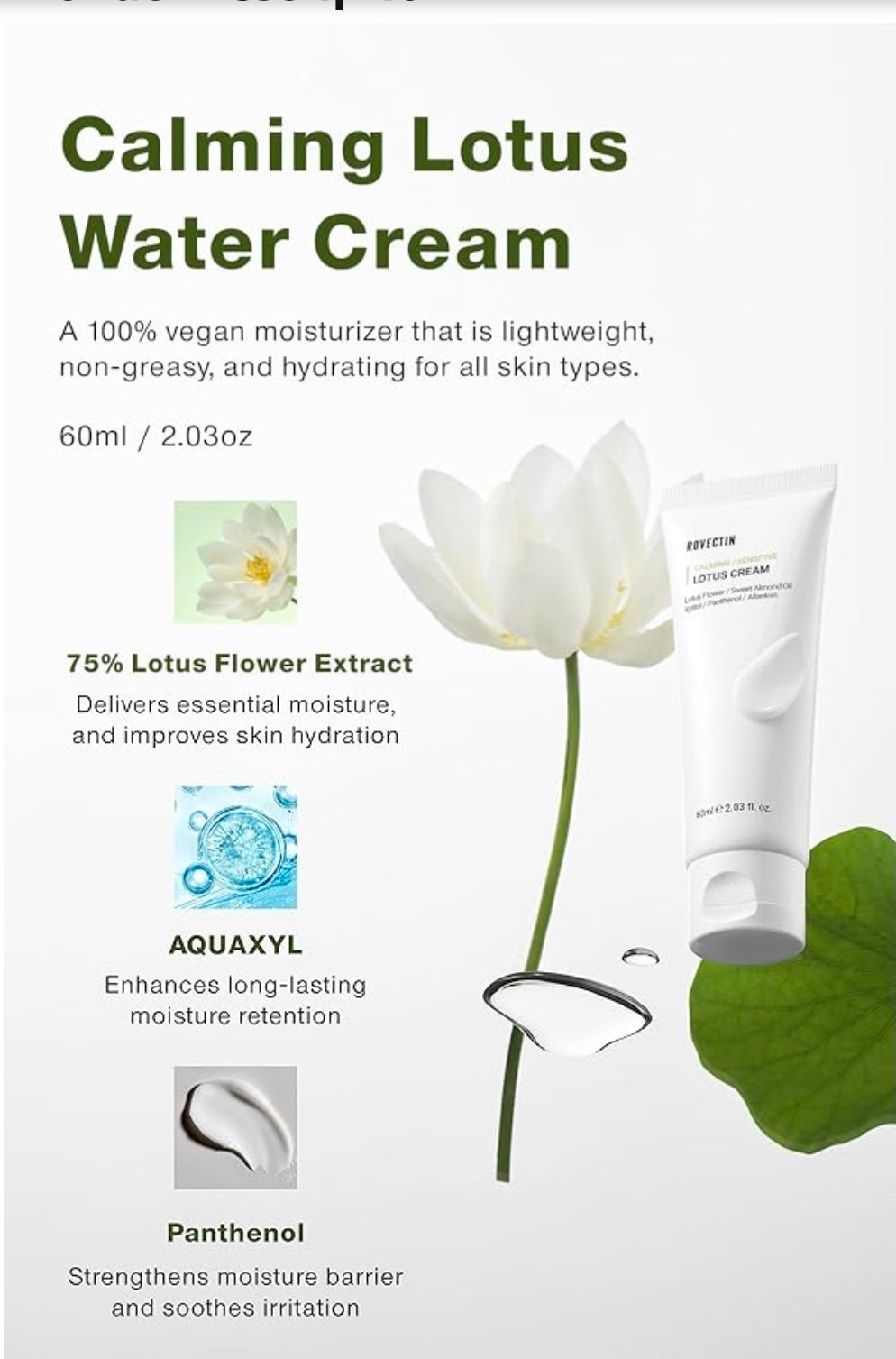 Crema Calmante de Loto ROVECTIN: Crema facial ligera, hidratante y calmante para piel sensible, con 75 % de extracto de agua de loto y niacinamida para combatir el envejecimiento.