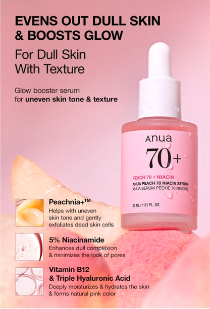 Suero iluminador con niacinamida Anua Peach 70: suero hidratante facial para pieles apagadas, ilumina e hidrata.