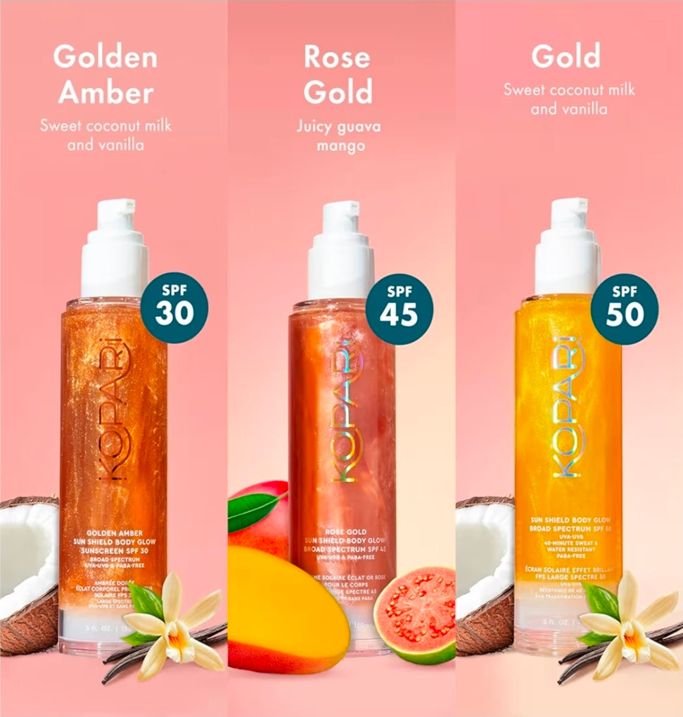 Kopari Sun Shield Body Glow, Broad Spectrum SPF 30 -  Lightweight Shimmering Gel Texture Absorbs Quickly, Non Sticky, Glowing Results, Golden Amber