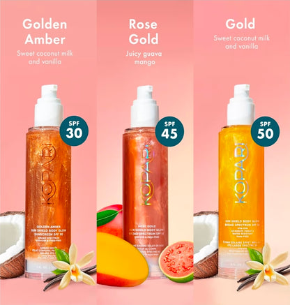 Kopari Sun Shield Body Glow, Broad Spectrum SPF 30 -  Lightweight Shimmering Gel Texture Absorbs Quickly, Non Sticky, Glowing Results, Golden Amber