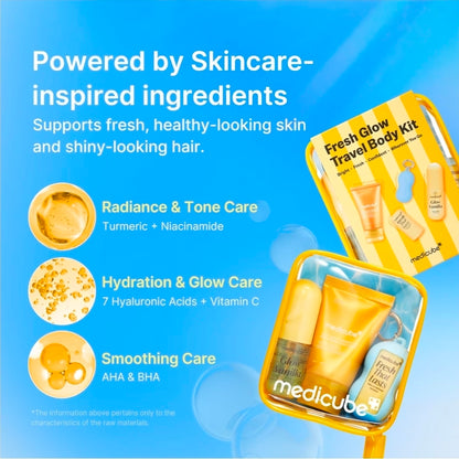 medicube Fresh Glow Body Kit - Mini body wash, deodorant and hair & body fragrance mist for fresh glow body. Kojic Acid for Brightening