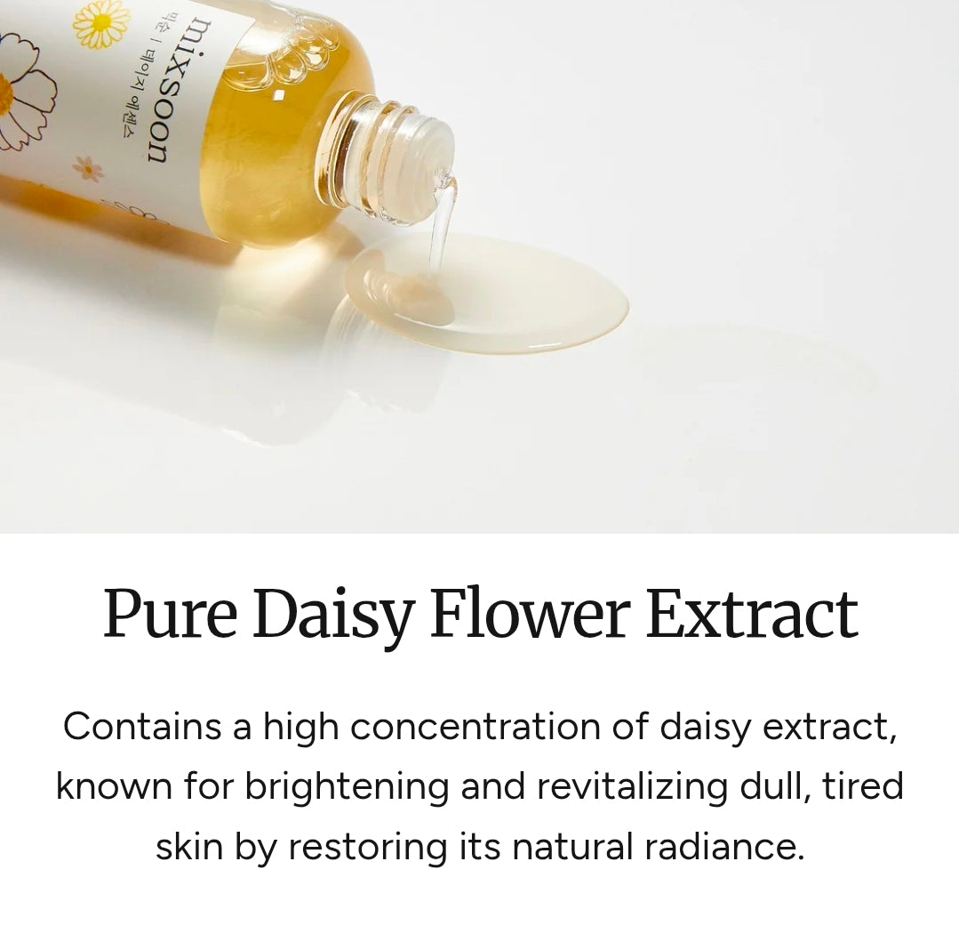 mixsoon Daisy Toner - Daisy Flower Extract rich in brightening and soothing properties, helps to even out skin tone, reduce dullness, and deliver refreshing hydration, leaving the skin clear, radiant, and balanced