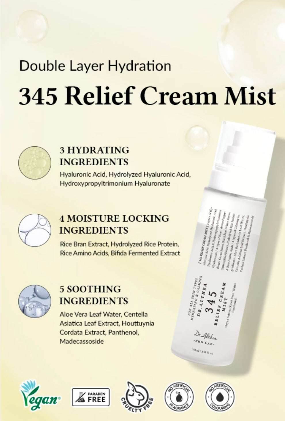Dr.Althea 345 Relief Cream Mist - Bruma hidratante facial con extracto de arroz, cuidado calmante para piel sensible, vegana