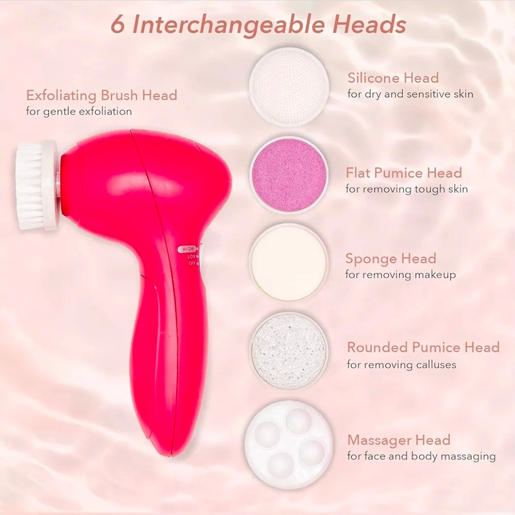 Zoe Ayla 6 in 1 Electric Facial Cleansing & Massage Set - Exfoliating Brush Head, Flat Pumice Head, Silicone Heat, Massager Head, Sponge Head, Rounded Pumice Head - 6 Pc