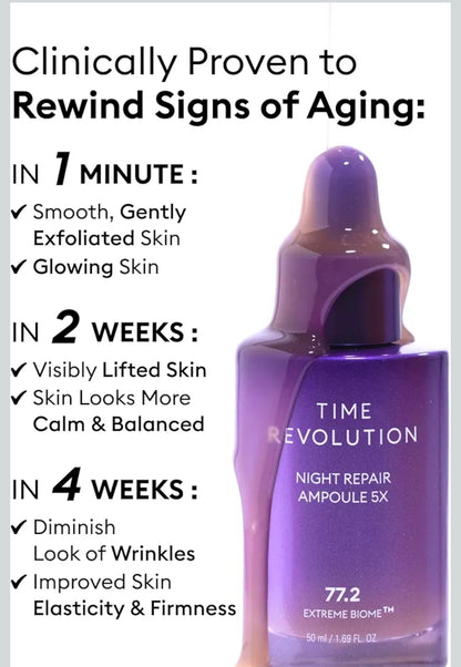 MISSHA Time Revolution Night Repair Face Serum Ampoule (5th Gen) - Overnight Probiotic Skincare for Revitalization and Radiance