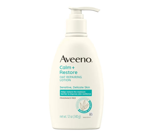 Aveeno Calm + Restore Oat Repairing Body Lotion for Sensitive Skin - Daily Moisturizer with Prebiotic Oat, Aloe & Pro-Vitamin B5, Fragrance Free Body Lotion Helps Heal Dry Skin