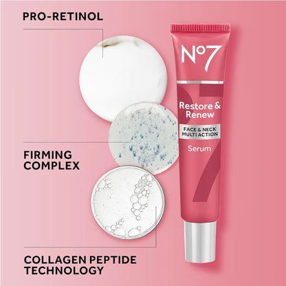 No7 Restore & Renew Multi-Action Face & Neck Serum - Anti Aging Serum for Deep Wrinkle Repair - Collagen Infused Skincare with a Hydrating Blend of Hibiscus Peptides & Hyaluronic Acid (1oz)
