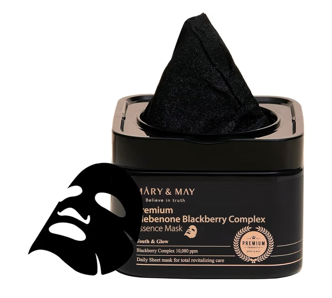 Mascarilla de esencia premium con complejo de idebenona y mora de Mary & May - Antiedad de dosificación rápida - Vitamina C, pantenol y ceramida para una piel hidratada y radiante