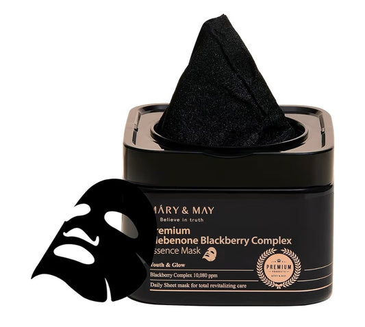 Mascarilla de esencia premium con complejo de idebenona y mora de Mary & May - Antiedad de dosificación rápida - Vitamina C, pantenol y ceramida para una piel hidratada y radiante