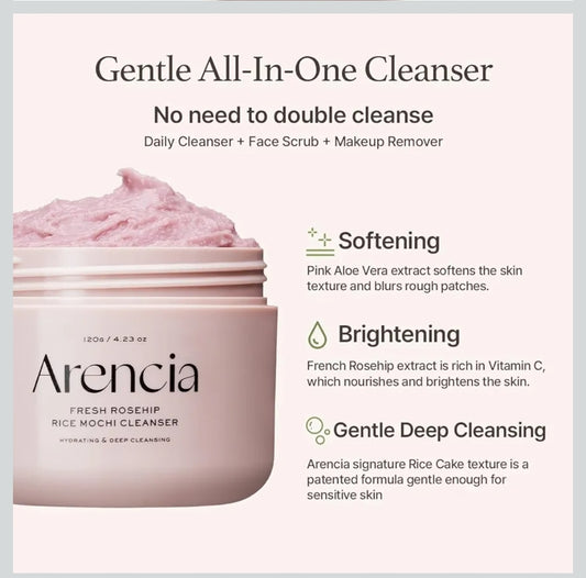 Arencia Fresh Rosehip Rice Mochi Cleanser - Exfoliates, brightens and removes excess sebum