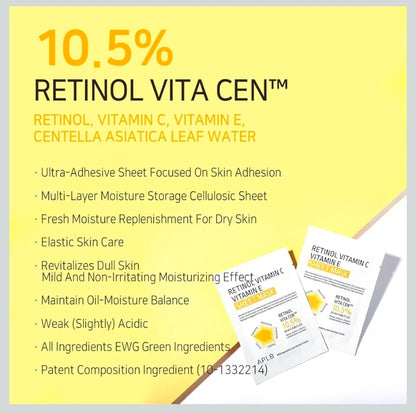 Mascarilla de lámina con retinol, vitamina C y vitamina E de APLB - RETINOL VITA CEN 10,5 % Hidratación duradera, cuidado antiarrugas, revitalizante para suavizar y mejorar la textura de la piel - 1 mascarilla