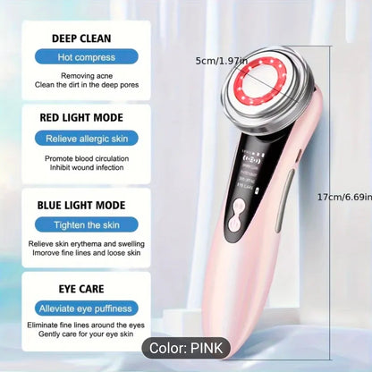 Dispositivo facial 7 en 1 con radiofrecuencia (RF) LED y electroestimulación muscular (EMS), herramienta multifuncional para limpieza profunda, antienvejecimiento y rejuvenecimiento de la piel, color blanco.
