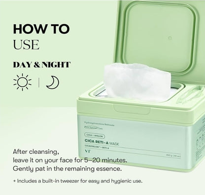 VT Cosmetics CICA Reti-A Daily Mask - 30 Sheets, Retinol Complex for Pore Minimizing, Skin Softening & Hydrating