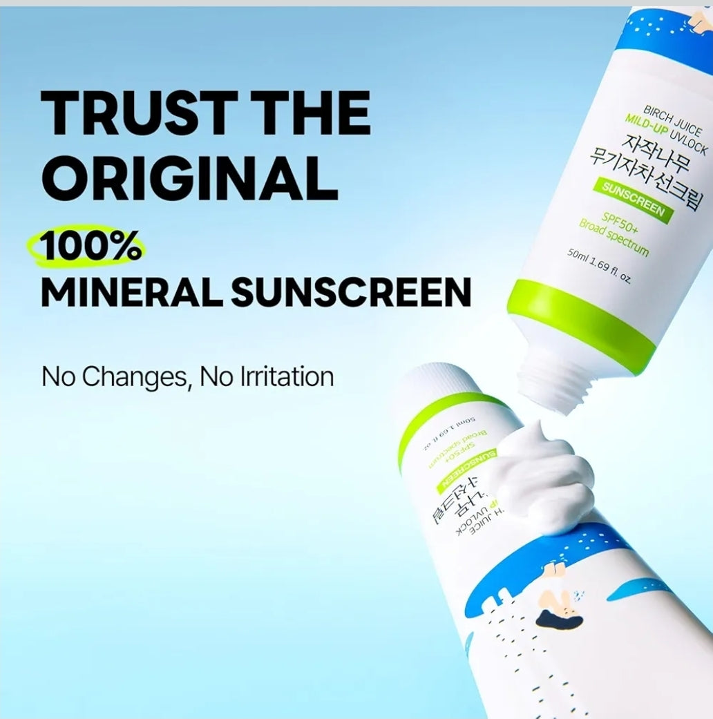 Round Lab Birch Juice Mild-up Sunscreen UV - SPF 50+ broad spectrum, Mineral Zinc Oxide, for Sensitive Skin, Control Oil and Sebum