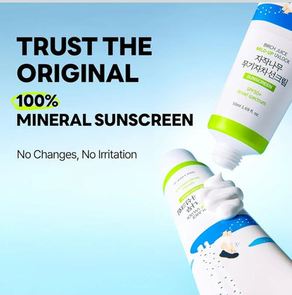 Round Lab Birch Juice Mild-up Sunscreen UV - SPF 50+ broad spectrum, Mineral Zinc Oxide, for Sensitive Skin, Control Oil and Sebum
