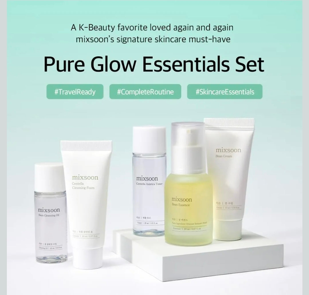 Mixsoon Pure Glow Essentials Set - Kit de cuidado de la piel de 5 pasos: set hidratante, aceite limpiador, espuma, tónico, esencia y crema.