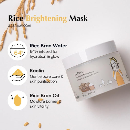 MIDHA Rice Brightening Mask - Facial Wash-Off mask, moisturizing, vegan - Improves dull skin tone