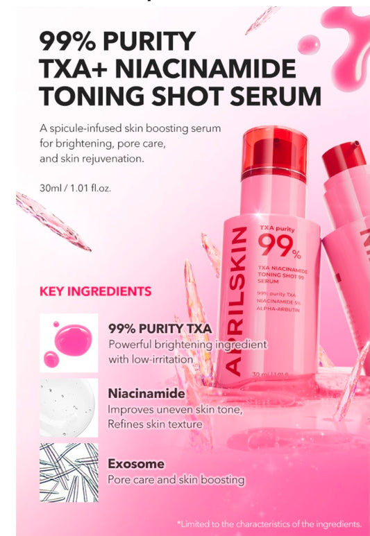 APRILSKIN TXA Niacinamide Toning Shot 99 Spicule Serum - Suero potenciador de la piel para iluminar y cuidar los poros, 99 % de ácido tranexámico de alta pureza 3 % + niacinamida 5 %