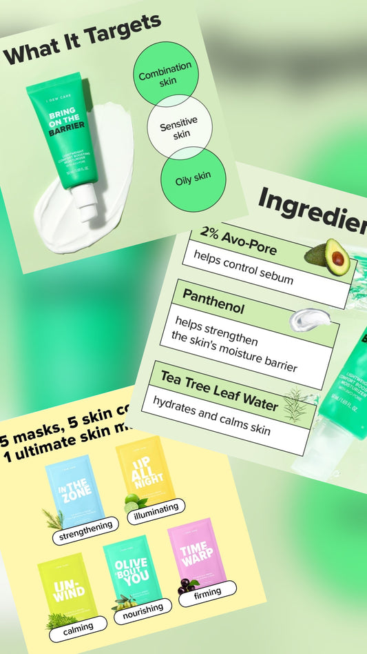 I DEW CARE Lightweight Boosting Moisturizer - Bring On The Barrier + 5 I DEW CARE Glass Skin Face Mask [SET] - Strengthening, Soothing, Balance Excess Sebum, Fast Absorption, Hydrating - For Combination Skin and Oily Skin