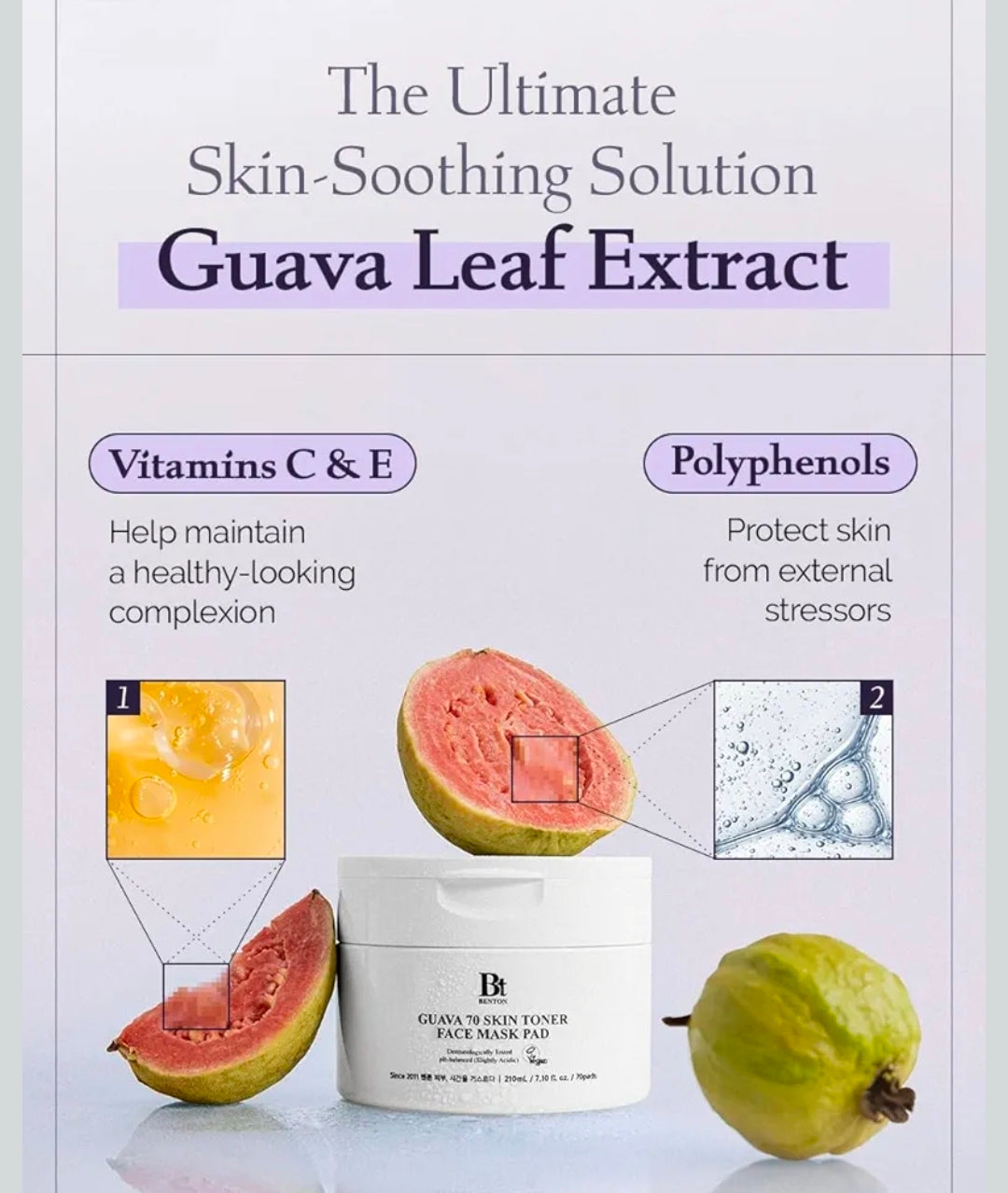 Benton Guava 70 Skin Toner Face Mask Pad - Moisturizer Hyaluronic Acid Soothing Calming Relief for Dry Sensitive, All Skin Types Dewy Luminous Skin, Non-Drying 70 Toner Pads