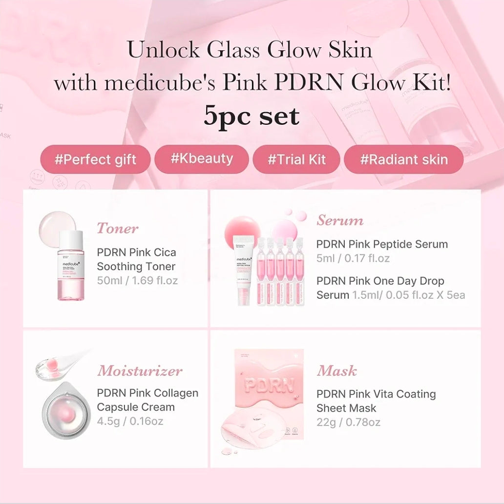 Kit de prueba Salmon DNA PDRN de medicube - Mini set de cuidado de la piel Glass Glow con tónico, suero y mascarilla hidratante, reafirmante y humectante.