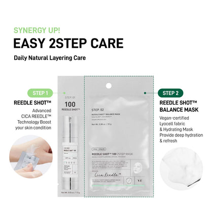 Set de regalo VT Cosmetics Reedle Shot 100: 1 suero VT REEDLE CICA SHOT 100 (28 ml) y 3 mascarillas