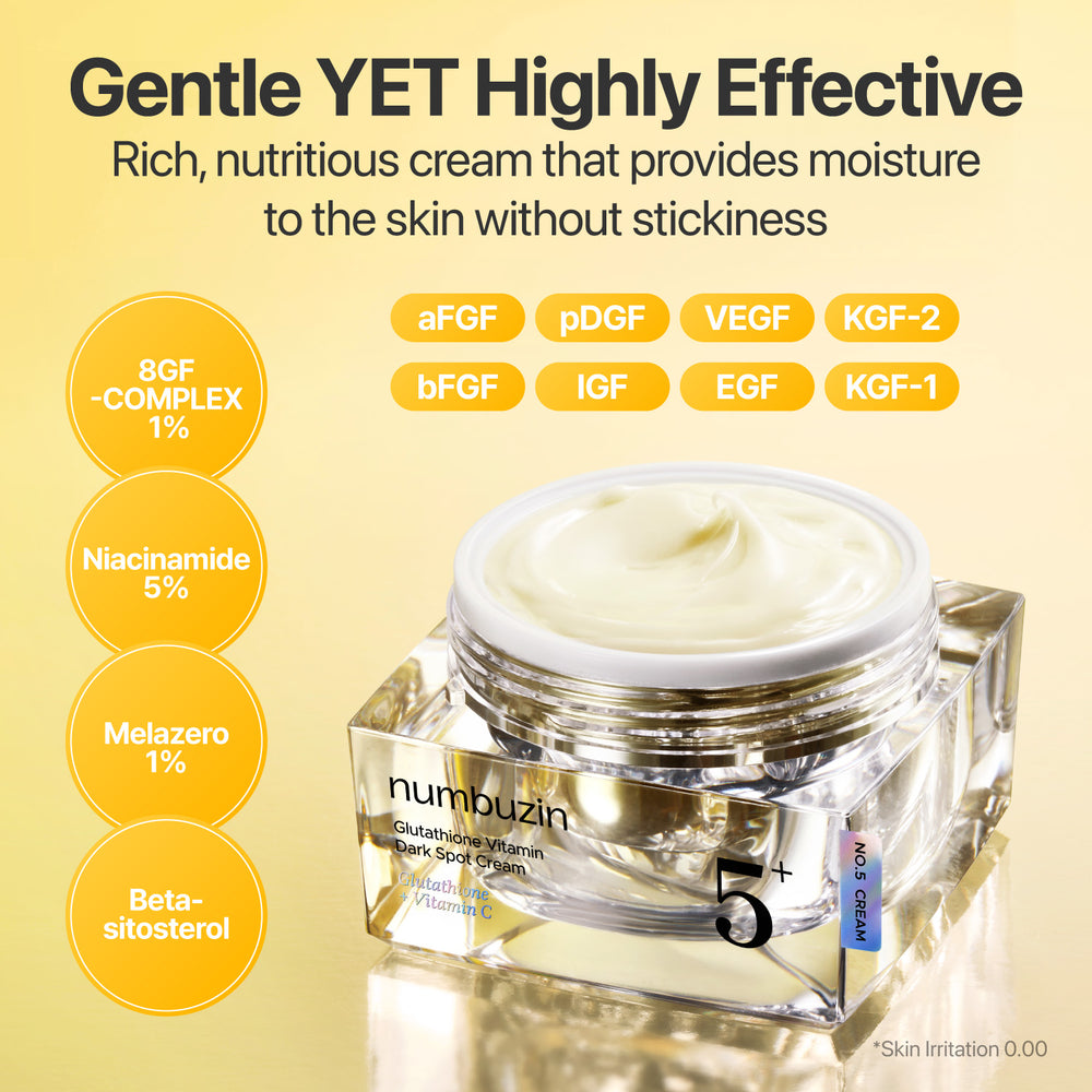 No.5+ Glutathione Vitamin Dark Spot Cream - Moisturizer with antioxidants, skin repairing and regenerating ingredients, deeply moisturizes and strengthens skin barrier while gently fading hyperpigmentation and dark spots