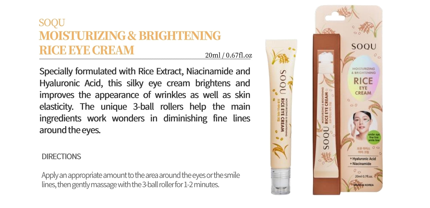 Crema de arroz hidratante e iluminadora para ojos SOQU: ilumina y mejora la apariencia de las arrugas, así como la elasticidad de la piel.