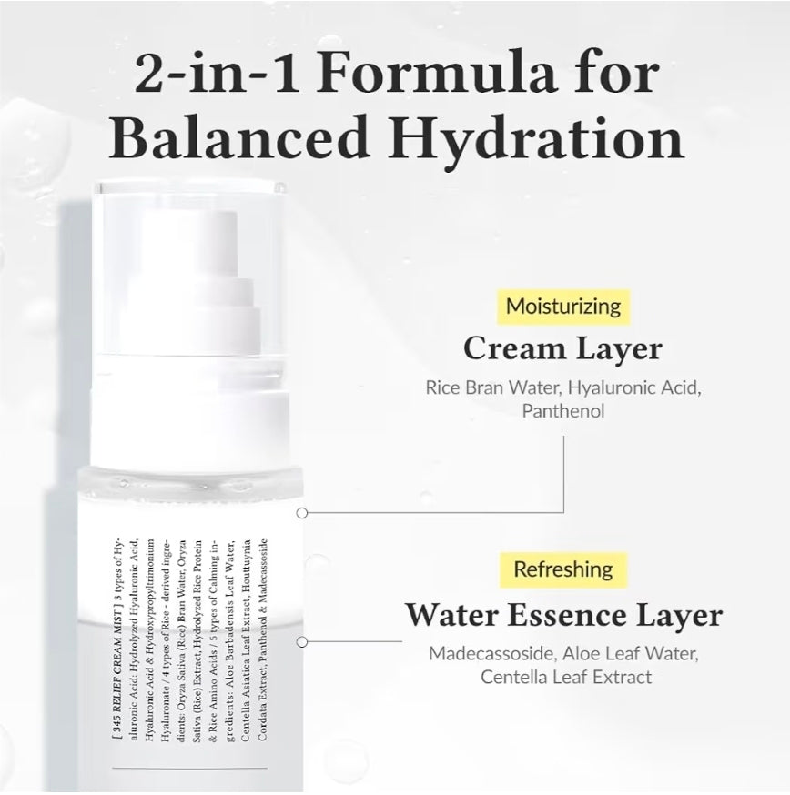 Dr.Althea 345 Relief Cream Mist - Bruma hidratante facial con extracto de arroz, cuidado calmante para piel sensible, vegana