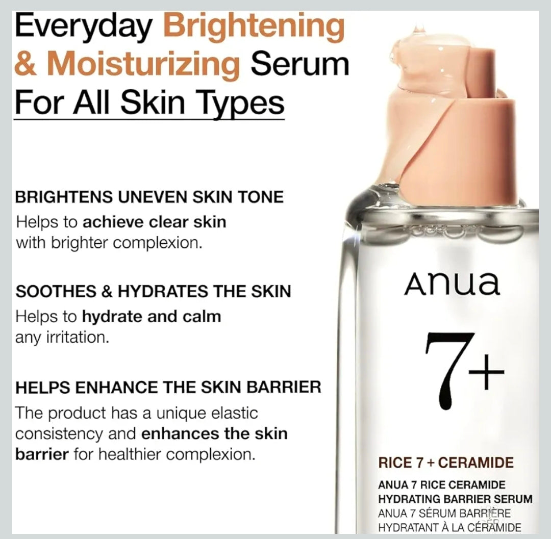 Suero hidratante facial con ceramidas de arroz 7 de Anua: suero hidratante facial con arroz, ácido hialurónico y niacinamida, sin fragancia, no comodogénico, piel de cristal.