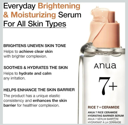 Suero hidratante facial con ceramidas de arroz 7 de Anua: suero hidratante facial con arroz, ácido hialurónico y niacinamida, sin fragancia, no comodogénico, piel de cristal.