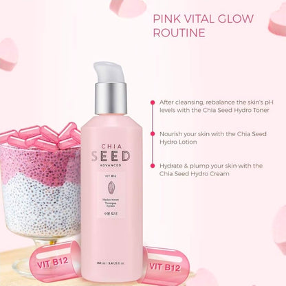 Tónico hidro de semillas de chía de The Face Shop: loción hidratante suave para piel seca, humectación y confort, formulada con semillas de chía y vitamina B12 para un cuidado intenso, renovado e hidratante.