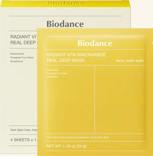 Biodance Radiant Vita Niacinamide Real Deep Mask - Niacinamide and high-purity Glutathione, which help refine melasma, hyperpigmentation and dark spots, delivering a more even skin tone