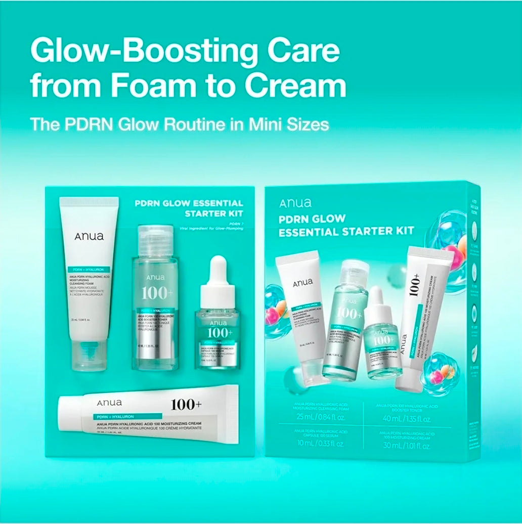 Anua Salmon DNA PDRN Glow Essential Starter Kit -  Hyaluronic Acid Skincare Set, Glass Skin Routine with Firming & Hydrating Cleanser, Toner, Serum & Cream, Mini Travel Essentials