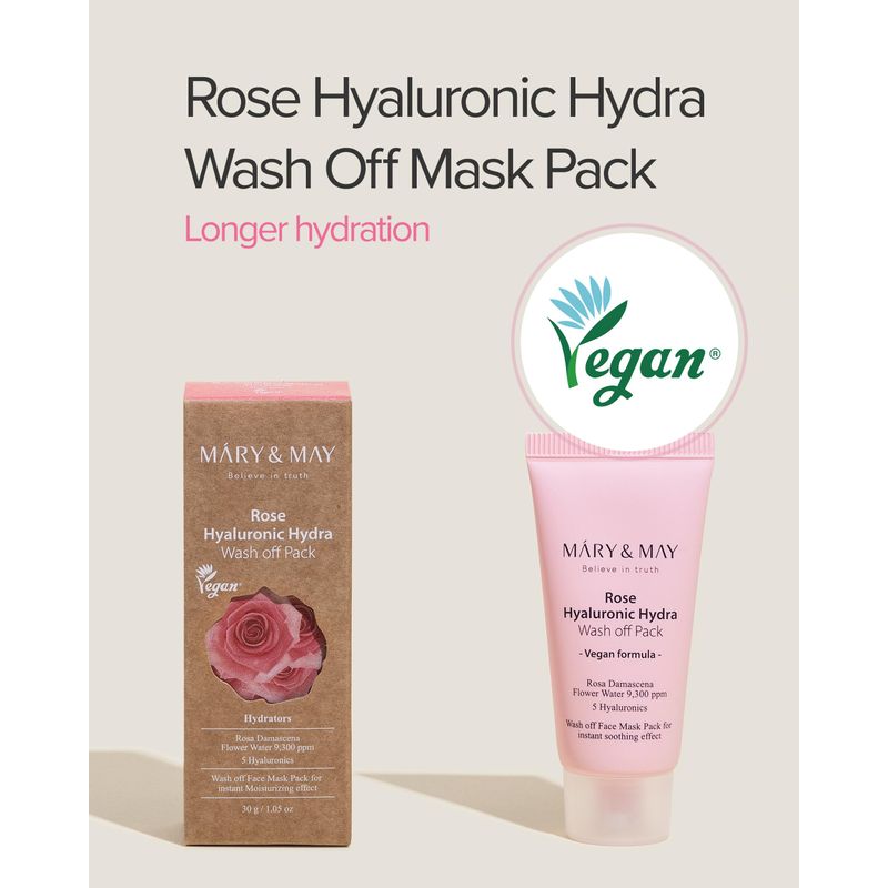 Mary&May Vegan Rose Hyaluronic Hydra Wash Off Mask - Cream Caly Mask for Moisturizing, Pore Purifying, Skin Softening